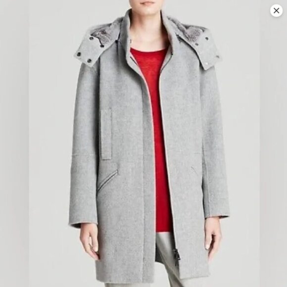 Vince light grey wool coat with rabbit fur trim hood - Picture 1 of 9